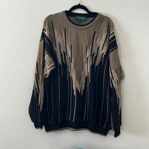 Vintage Tundra Canada Men’s XL Wool Sweater Brown Black Textured Knit Coogi Syle